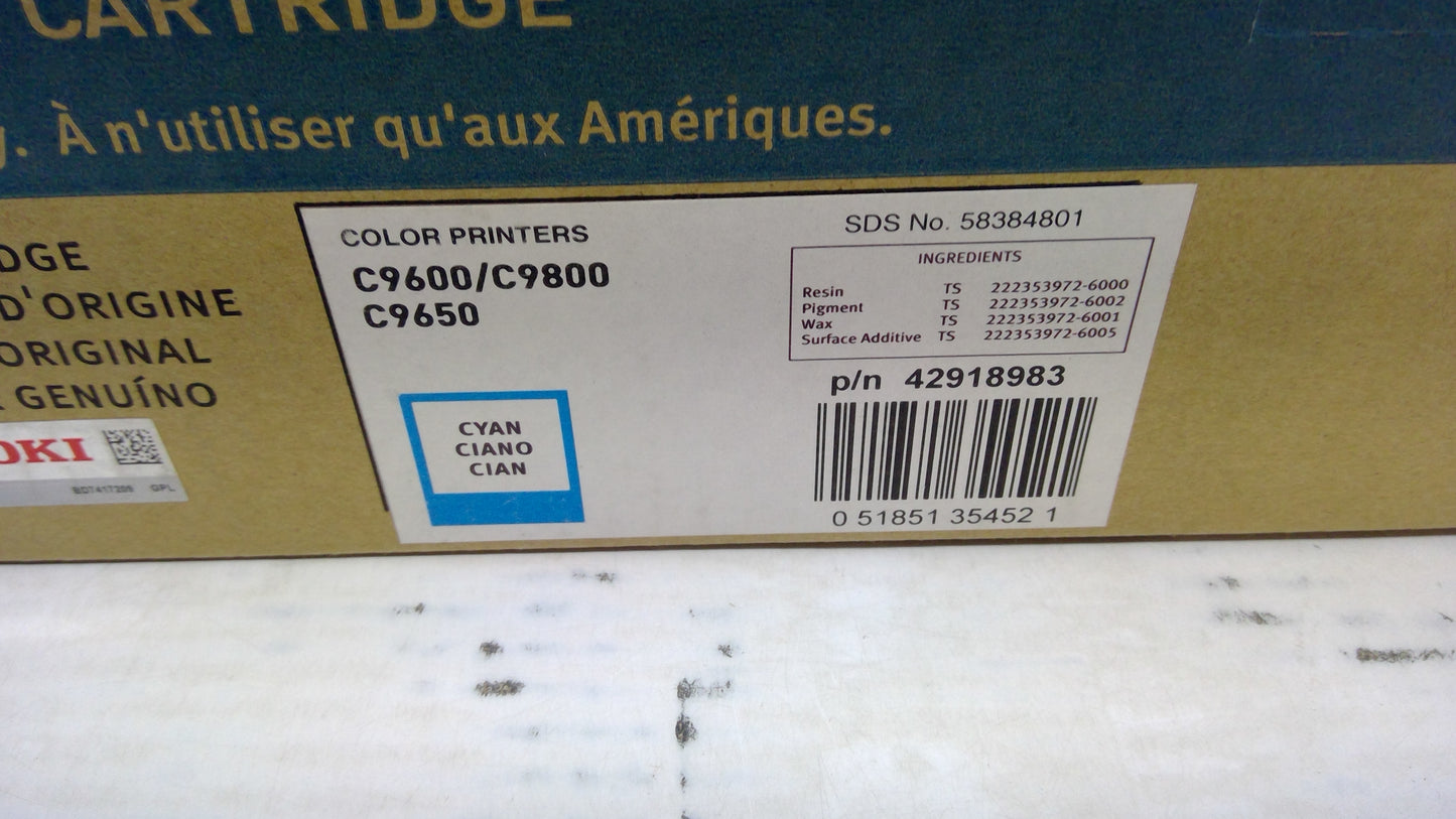 OKI 42918983 Cyan Toner Cartridge Genuine OEM for C9600 C9650 C9800