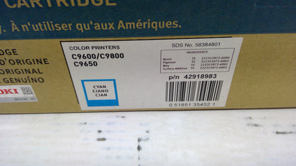 OKI 42918983 Cyan Toner Cartridge Genuine OEM for C9600 C9650 C9800